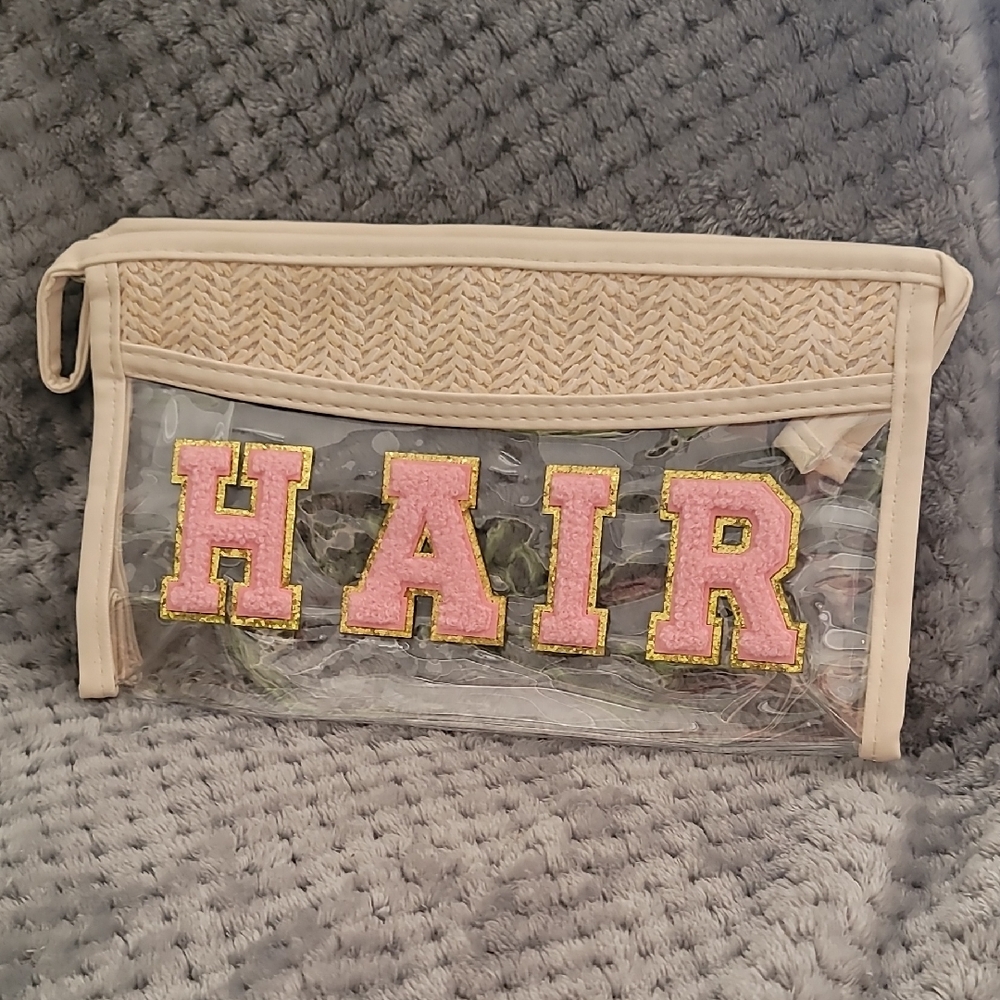 Clear and Beige Hair Pouch with Pink Letters